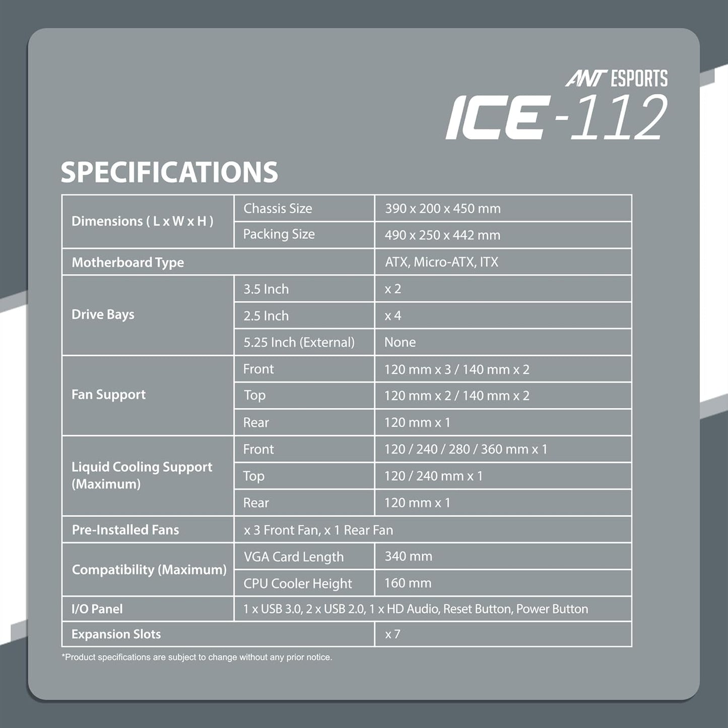 Ant Esports ICE-112 Gaming Cabinet Black | Mid Tower ATX Cabinet | 3 Pre-Installed ARGB Fans