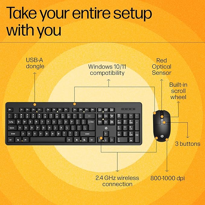 HP KM200 Wireless Keyboard and Mouse Combo | 2.4GHz Wireless | Ergonomic Full-Size Design