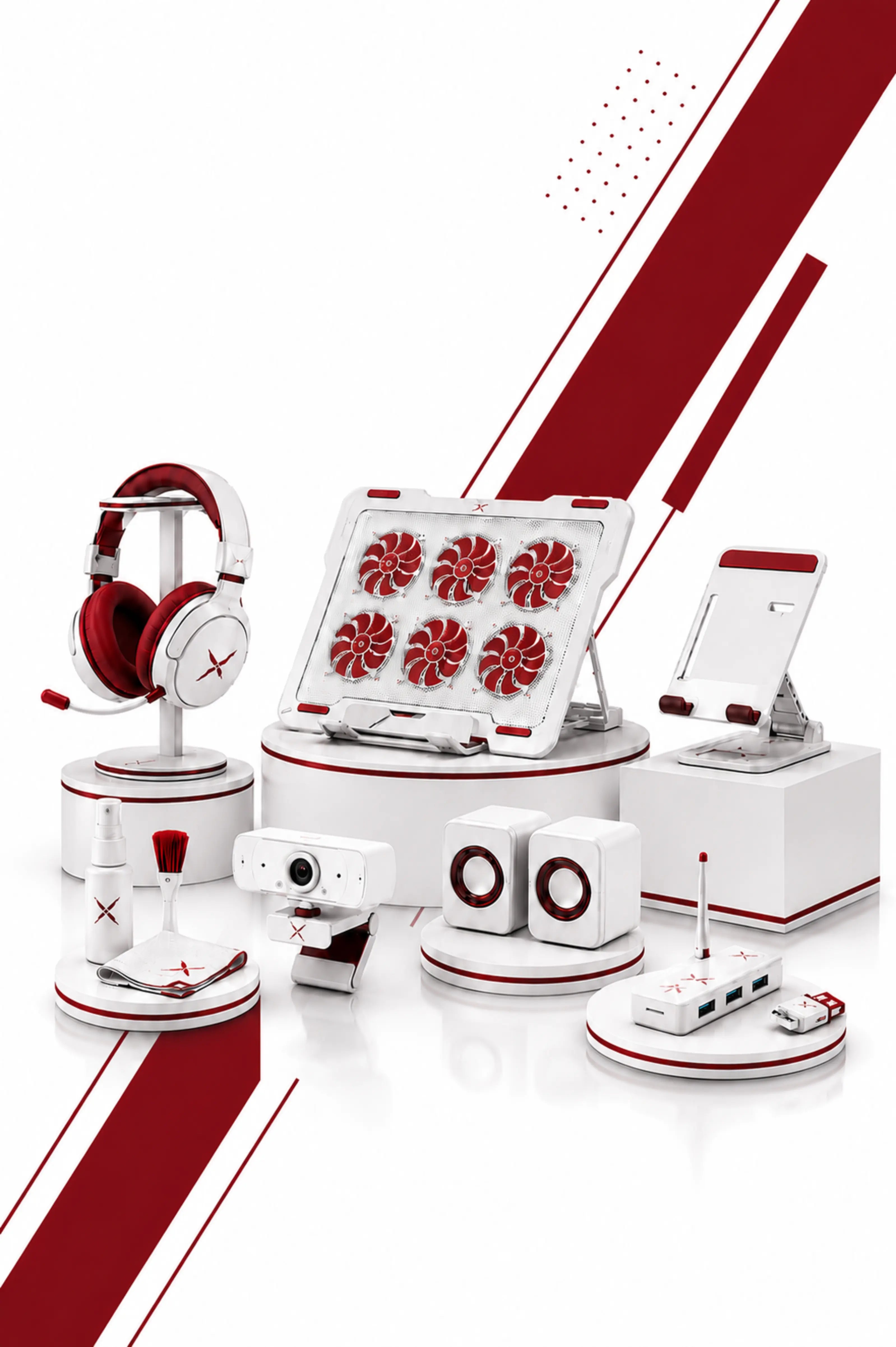 A collection of white and red tech accessories displayed on white pedestals, including over-ear headphones, a laptop cooling pad, a tablet stand, a webcam, speakers, and a small device, arranged on a white background with bold red graphic diagonal stripes.