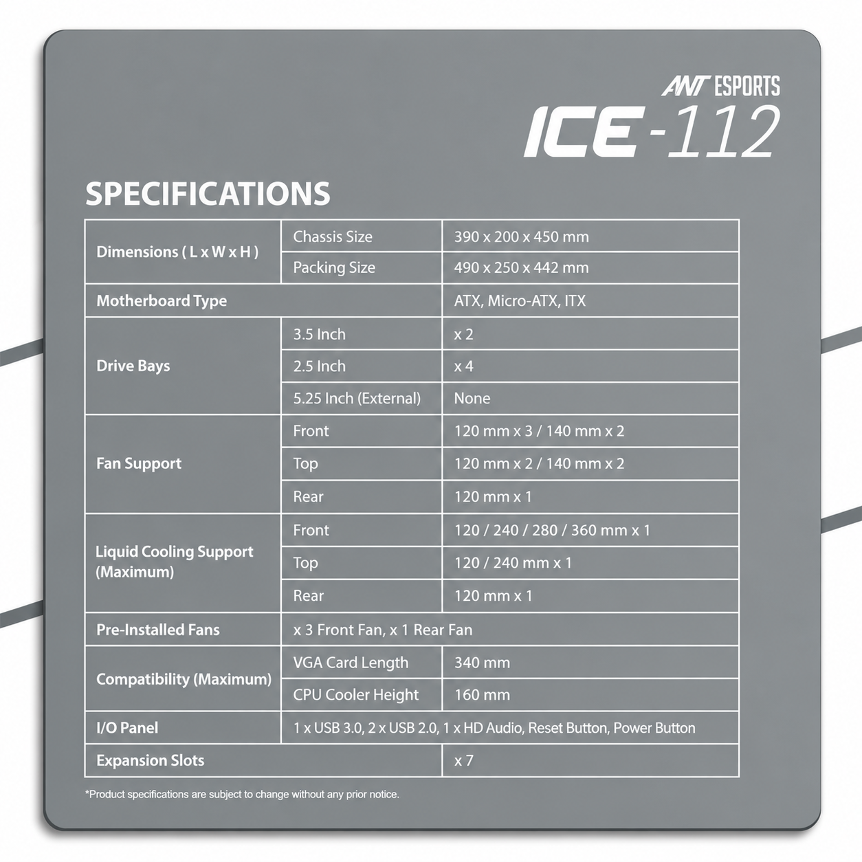 Ant Esports ICE-112 Gaming Cabinet White | Mid Tower ATX Cabinet | 4 Pre-Installed ARGB Fans