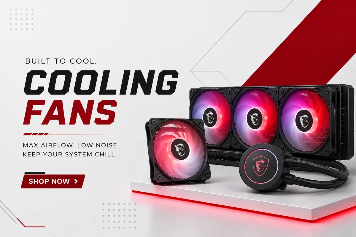 Reboxx cooling category banner featuring an all-in-one liquid CPU cooler with RGB fans and pump block with the text "Cooling Fans" and "Shop Now".