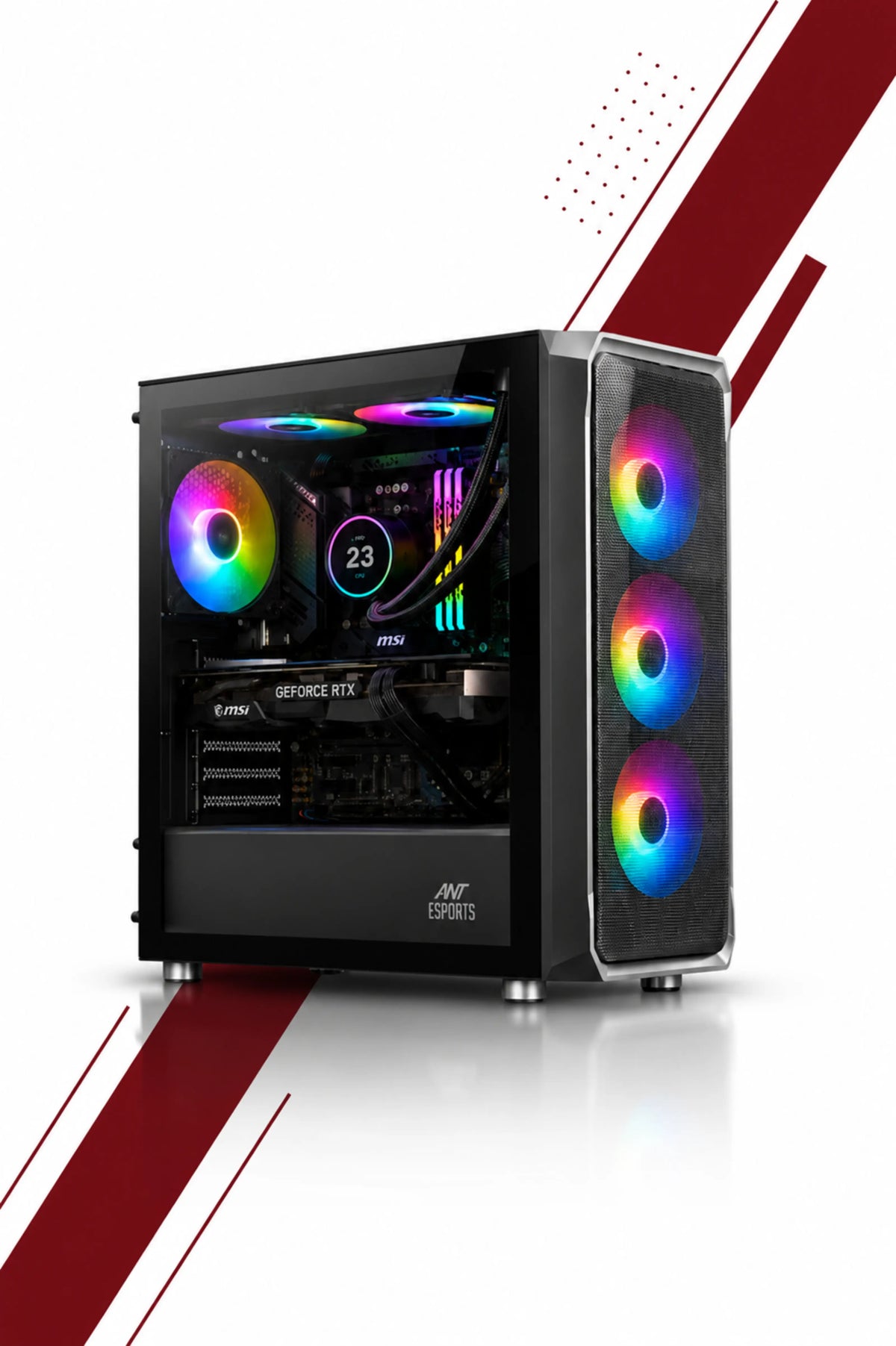 A black gaming PC tower with a side glass panel, showcasing internal RGB lighting and three front fans with colorful LED lights, set against a white background with red graphic accents.