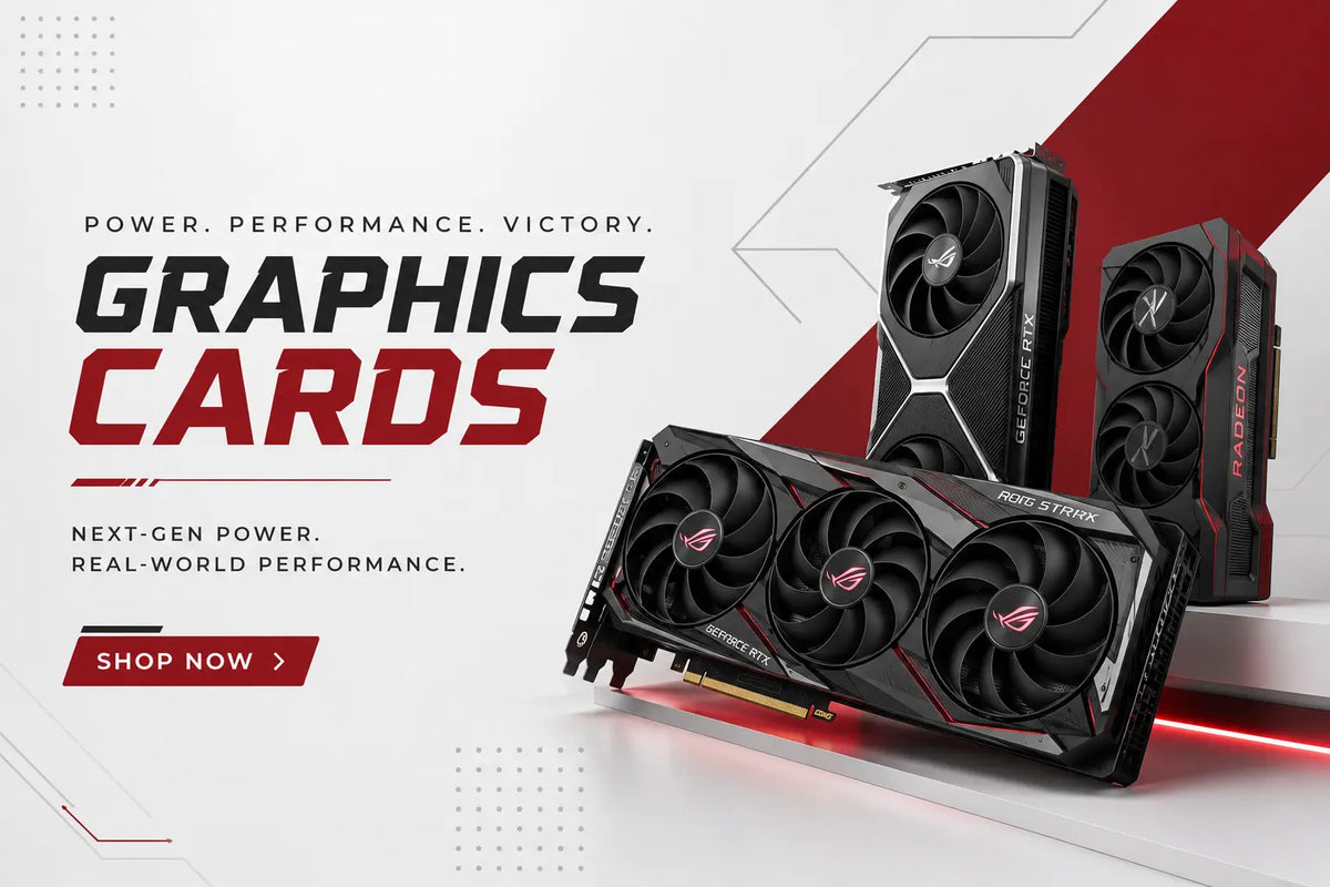 Reboxx Graphics Cards category banner with the text "Power. Performance. Victory.", "Graphics Cards", and "Shop Now".