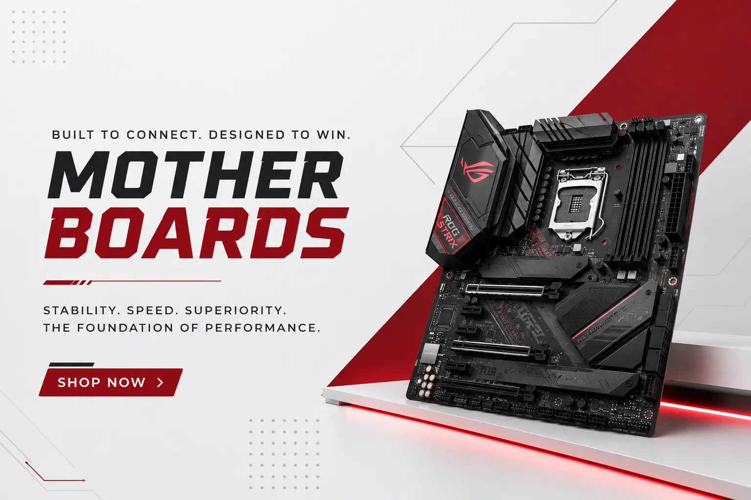 Reboxx motherboards category banner featuring a desktop motherboard with the text "Built to Connect. Designed to Win.", "Motherboards", and "Shop Now".