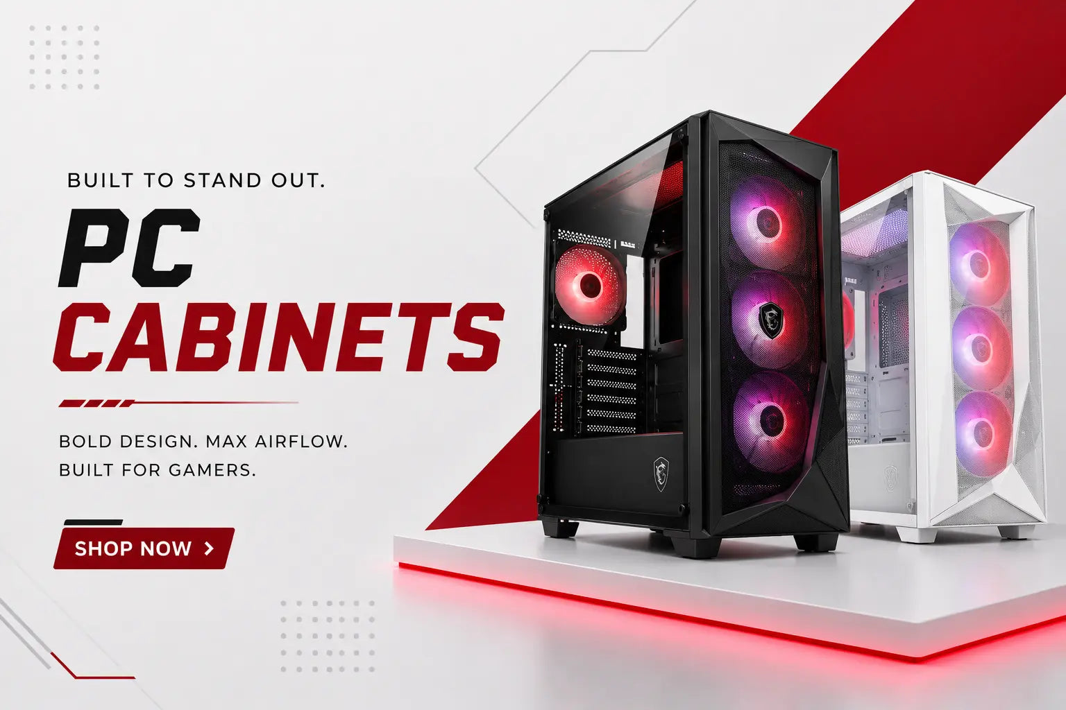 Reboxx PC cabinets category banner featuring black and white gaming PC cases with RGB cooling fans and the text "Built to Stand Out", "PC Cabinets", and "Shop Now".
