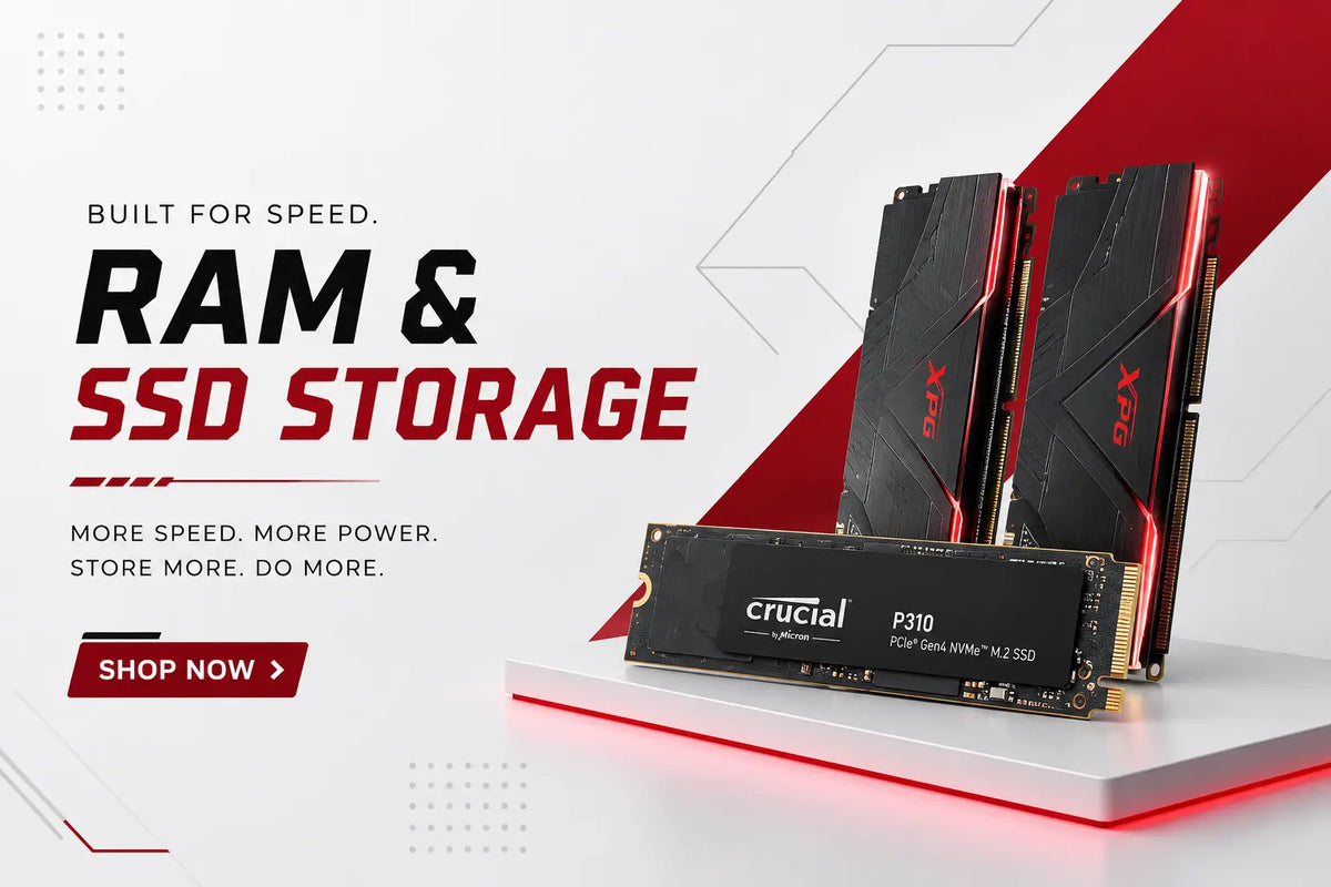 Reboxx RAM and SSD storage category banner featuring desktop memory modules and an NVMe SSD with the text "Built for Speed", "RAM & SSD Storage", and "Shop Now".