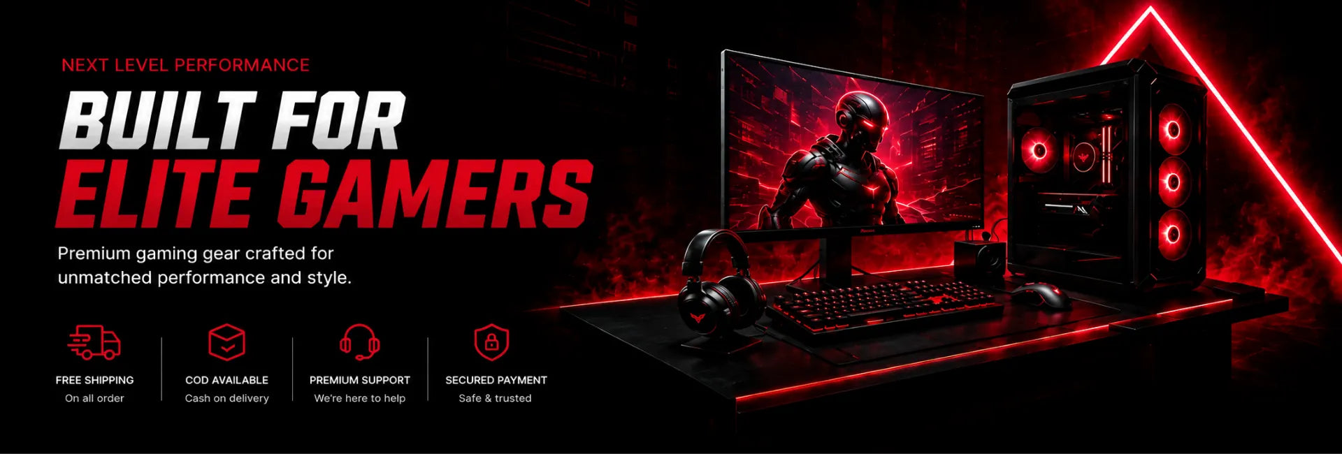 Reboxx homepage hero banner featuring a premium gaming setup with an RGB gaming PC, monitor, keyboard, mouse, and headset with the text "Built for Elite Gamers" and premium gaming gear for high-performance gaming.