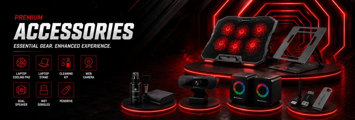 Reboxx homepage hero banner featuring gaming accessories including a laptop cooling pad, laptop stand, webcam, speakers, cleaning kit, Wi-Fi dongles, and USB drives with the text "Premium Accessories".