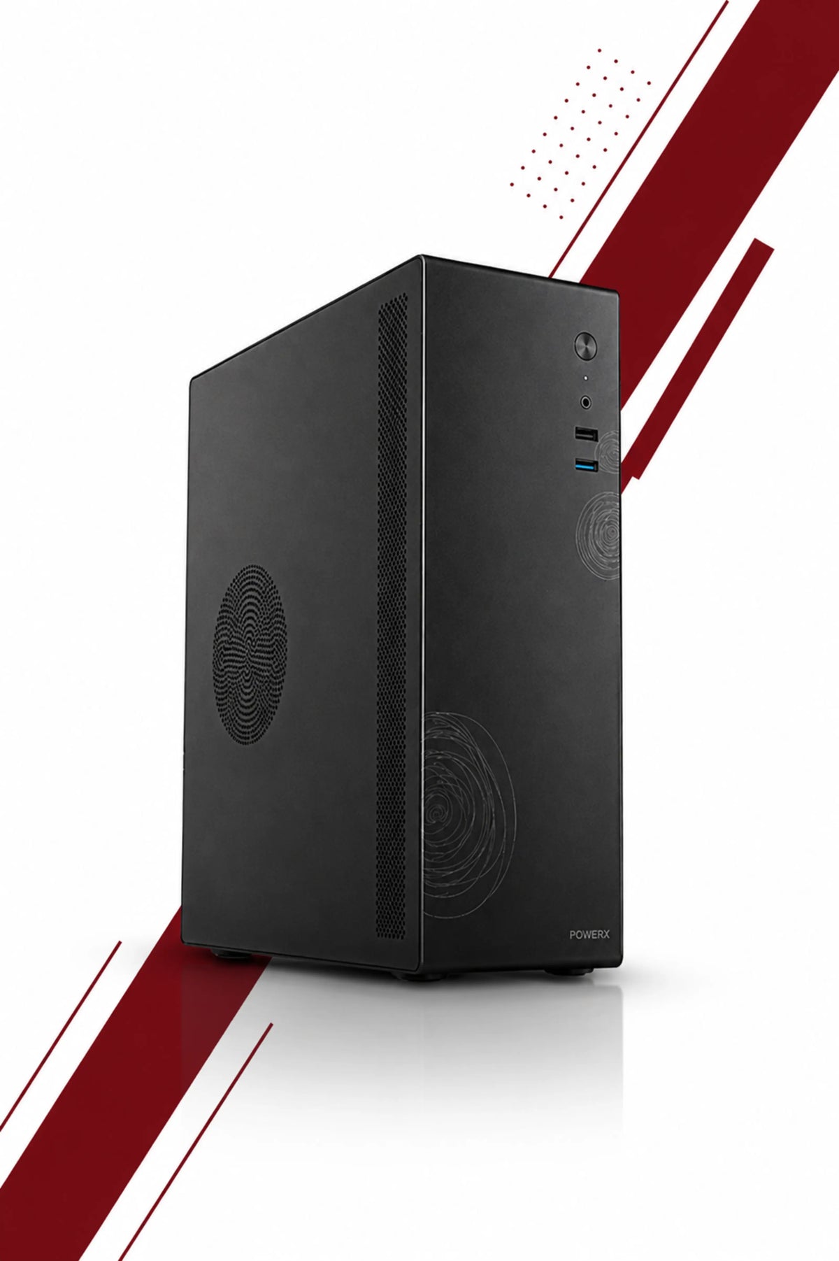 A black desktop computer tower with a textured front panel and visible ports, shown on a white background with red graphic diagonal accents.