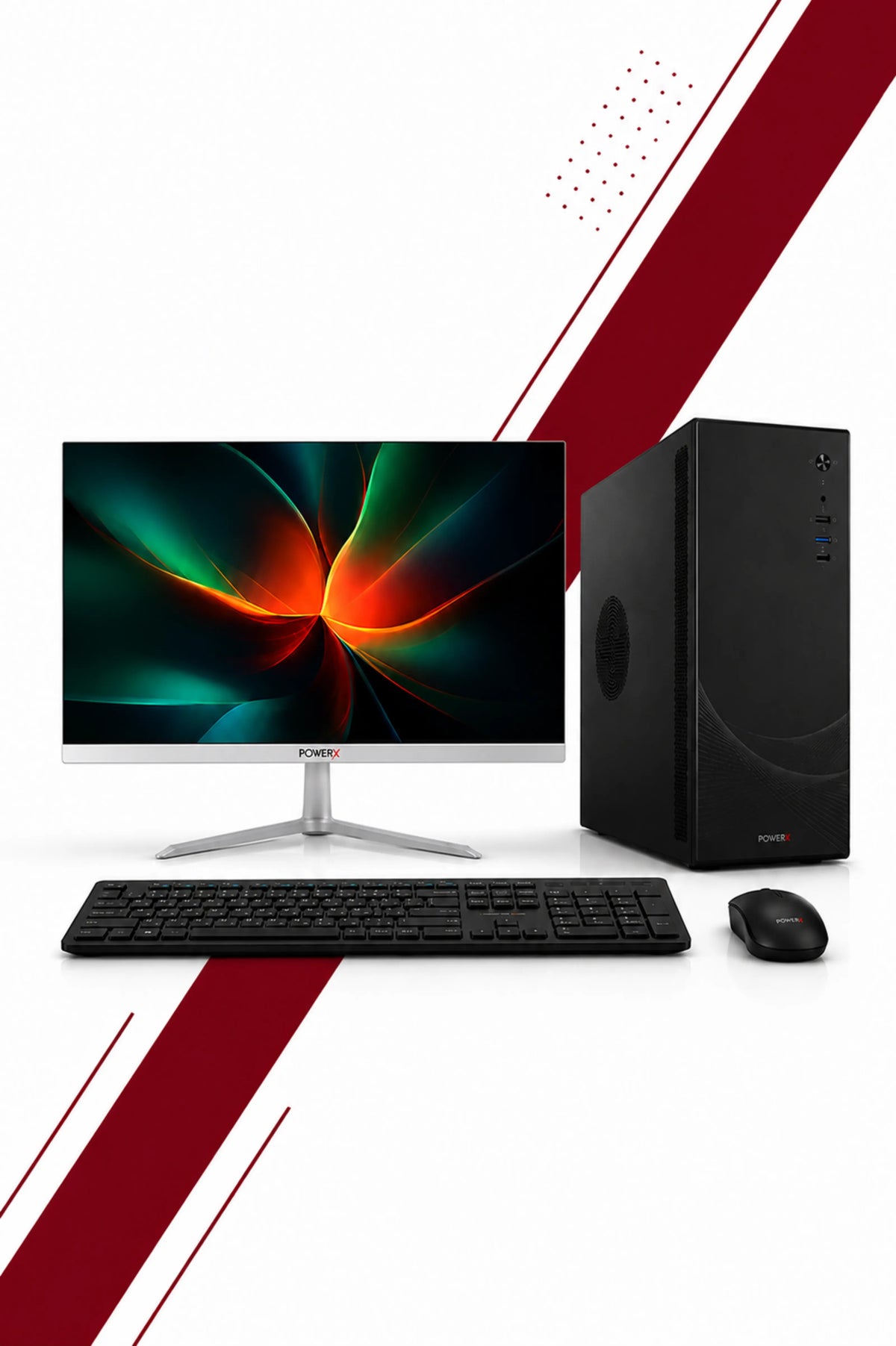 A desktop computer setup with a black monitor, black tower case, black keyboard, and black mouse arranged on a white background with bold red graphic diagonal stripes.