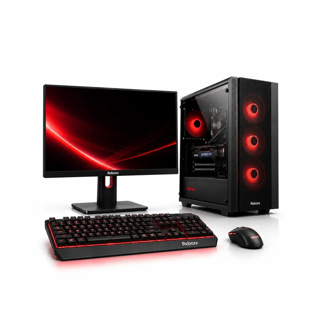 A complete desktop gaming PC setup on a white background, including a black monitor with red light, a black tower PC case with red fan lights, a black keyboard with red backlighting, and a black mouse.
